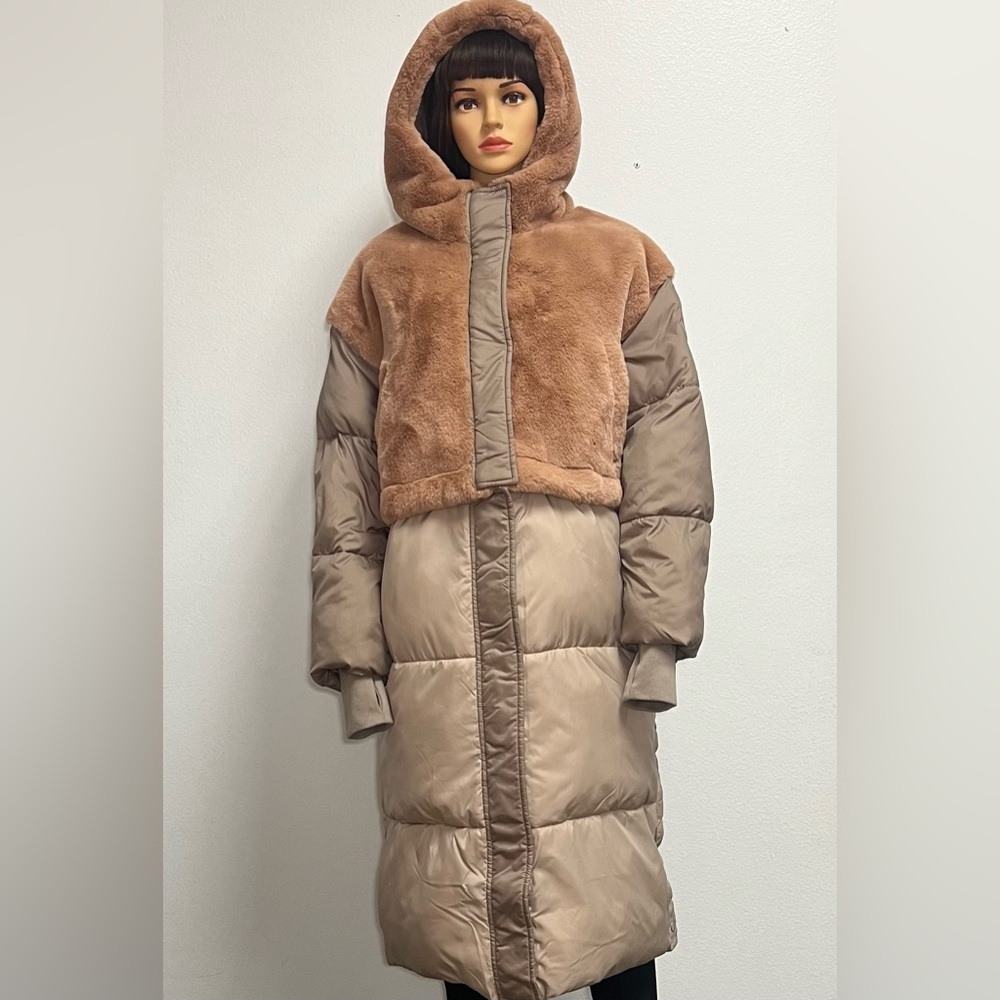 UGG Two-Tone Taupe & Camel Hooded Faux-Fur Puffer Coat